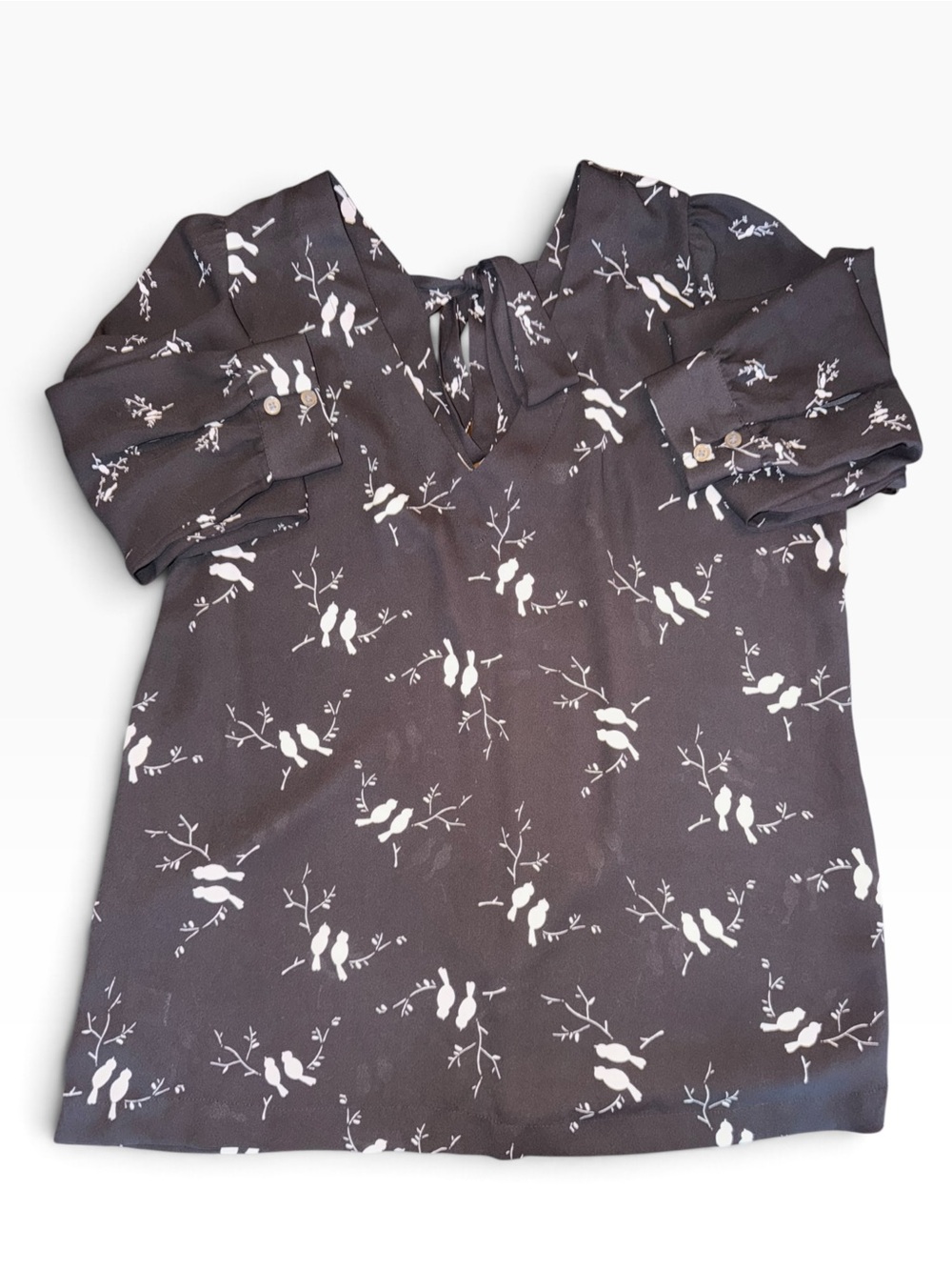 LOFT Women’s Long Sleeve Blouse Top Tie Black & White Bird Print XS